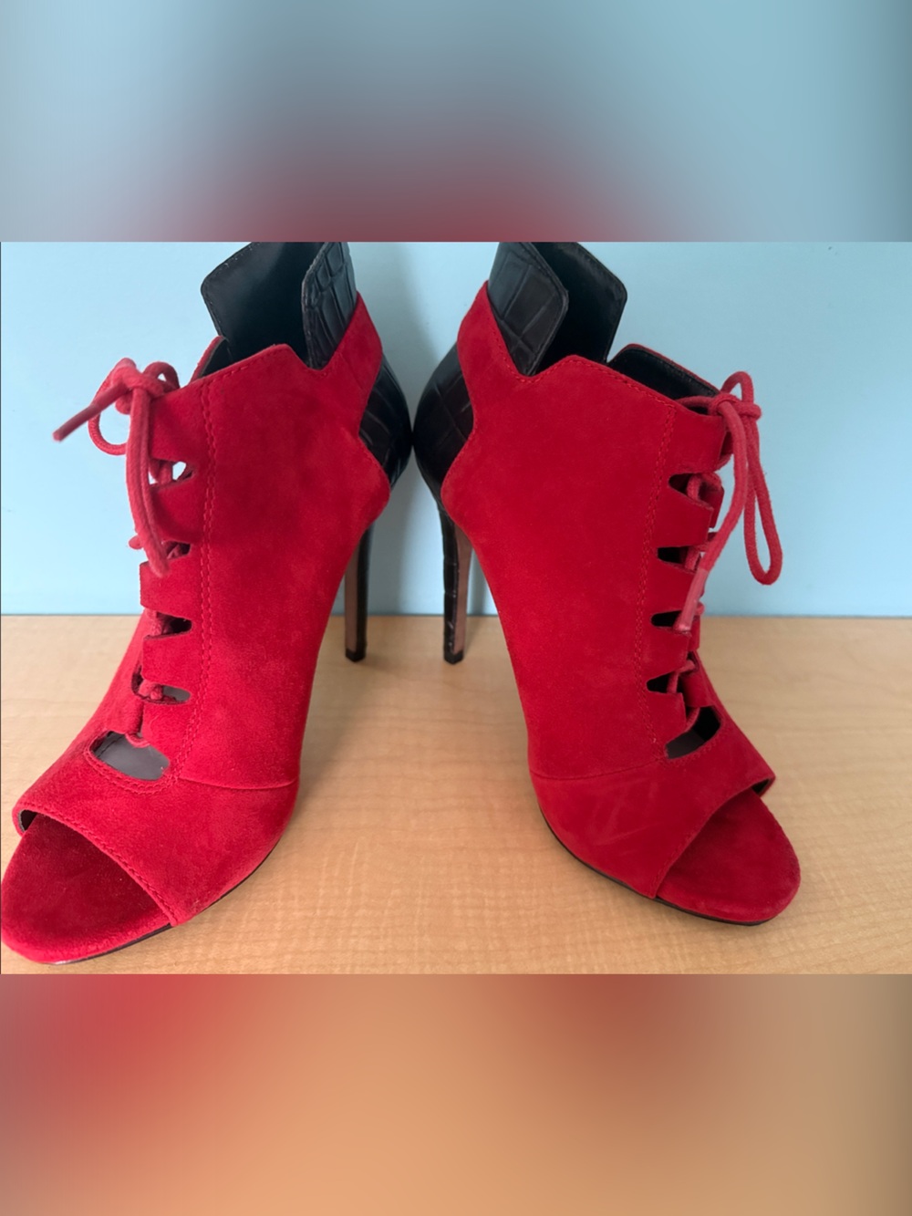 Pour La Victoire Red Suede Lace-Up Peep-Toe Stilettos